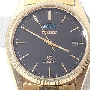 Vintage Seiko SQ Men's Day Date Gold Tone Watch Black Dial One Jewel S Steel